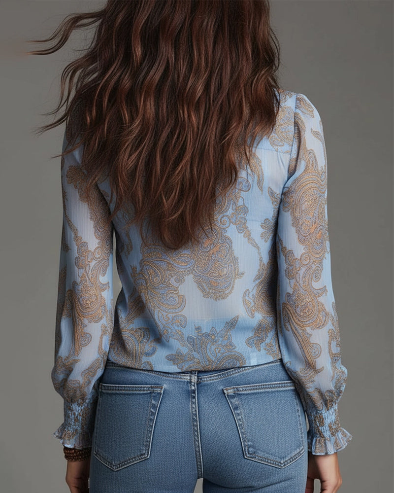 Retro-Bluse mit halblangem Reißverschluss und Rüschen