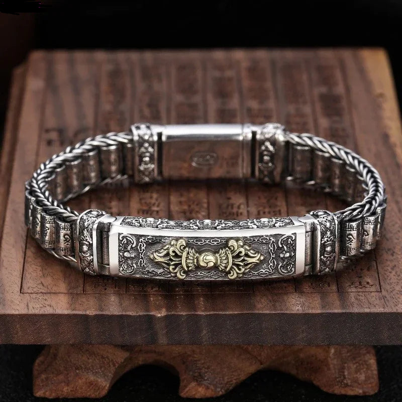 Armband aus 925er Sterlingsilber mit Vajra der sechs Zeichen der Wahrheit und rotierender Trommel