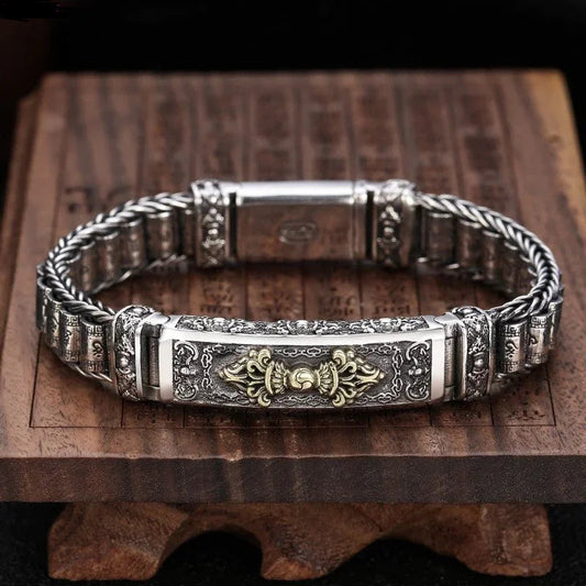 Armband aus 925er Sterlingsilber mit Vajra der sechs Zeichen der Wahrheit und rotierender Trommel