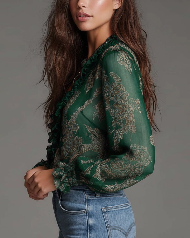 Retro-Bluse mit halblangem Reißverschluss und Rüschen