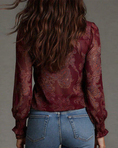 Retro-Bluse mit halblangem Reißverschluss und Rüschen