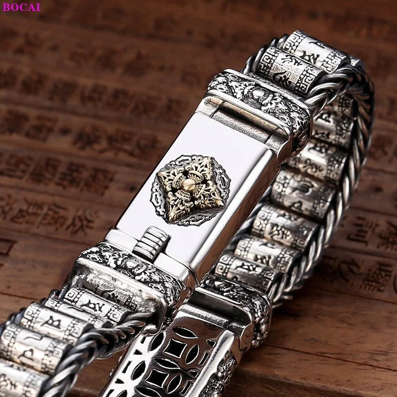 Armband aus 925er Sterlingsilber mit Vajra der sechs Zeichen der Wahrheit und rotierender Trommel