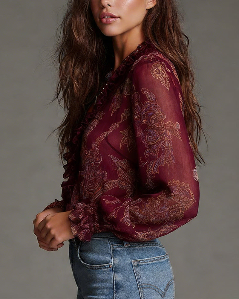 Retro-Bluse mit halblangem Reißverschluss und Rüschen