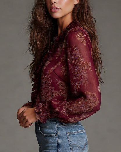 Retro-Bluse mit halblangem Reißverschluss und Rüschen