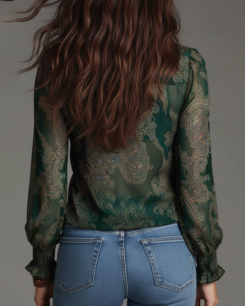 Retro-Bluse mit halblangem Reißverschluss und Rüschen