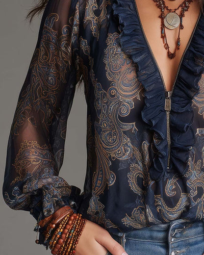 Retro-Bluse mit halblangem Reißverschluss und Rüschen