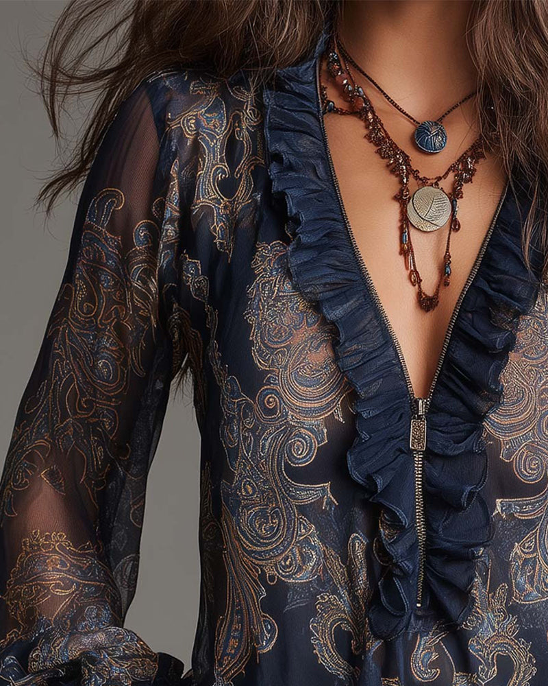 Retro-Bluse mit halblangem Reißverschluss und Rüschen